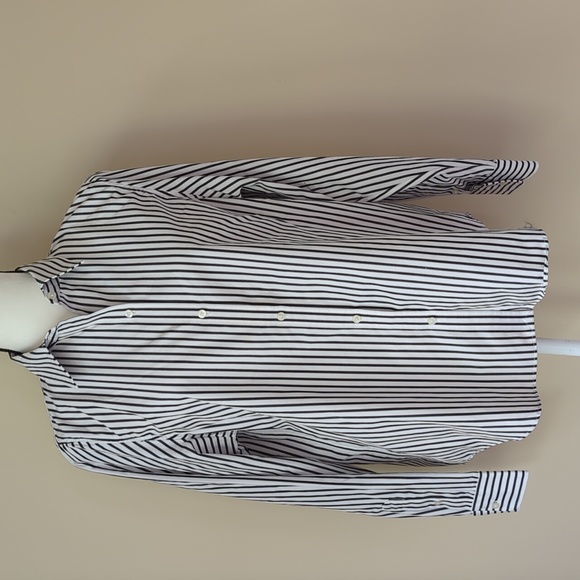 Chaps Classics No Iron Stripe Button Down Blouse L Black White - Picture 1 of 14